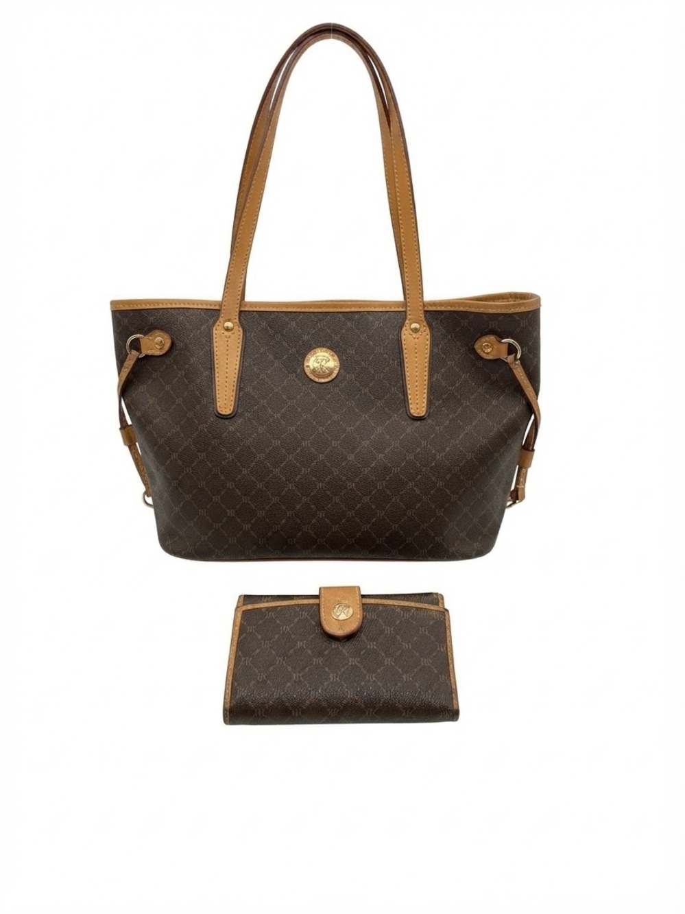 Rioni Brown Tan Monogram Medium Tote Bag + Wallet Set Magnetic Closure Gold IT